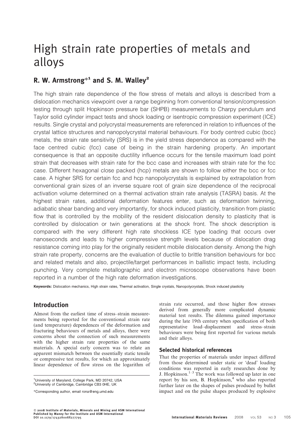 High Strain Rate Properties of Metals and Alloys