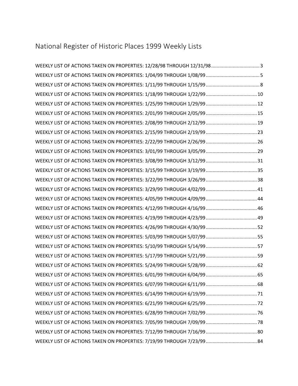 National Register of Historic Places 1999 Weekly Lists