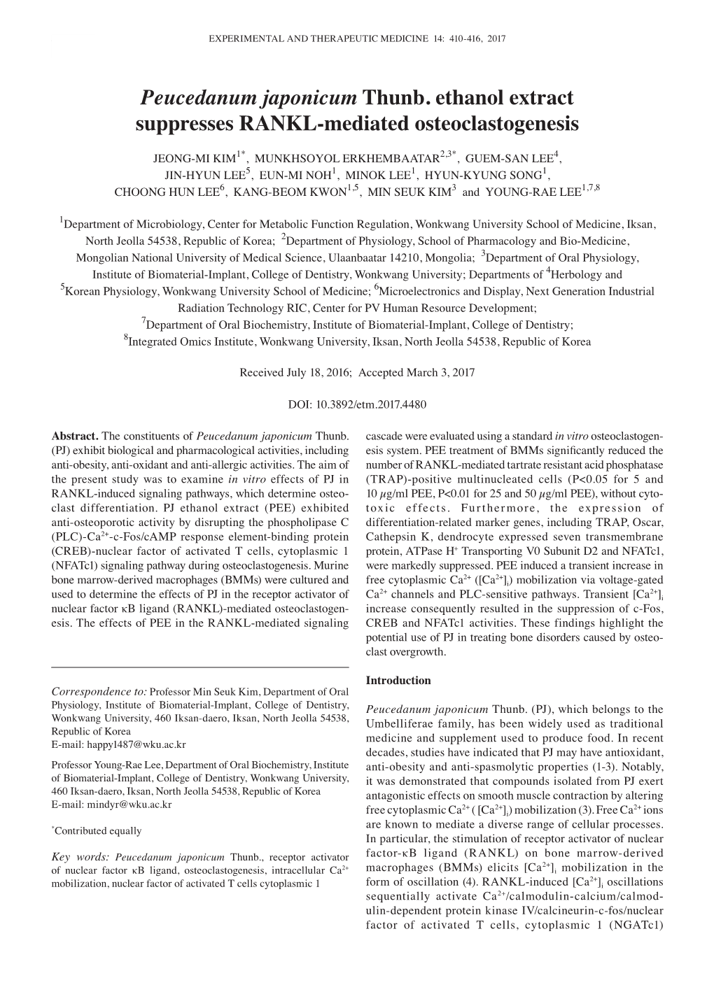 Peucedanum Japonicum Thunb. Ethanol Extract Suppresses RANKL‑Mediated Osteoclastogenesis