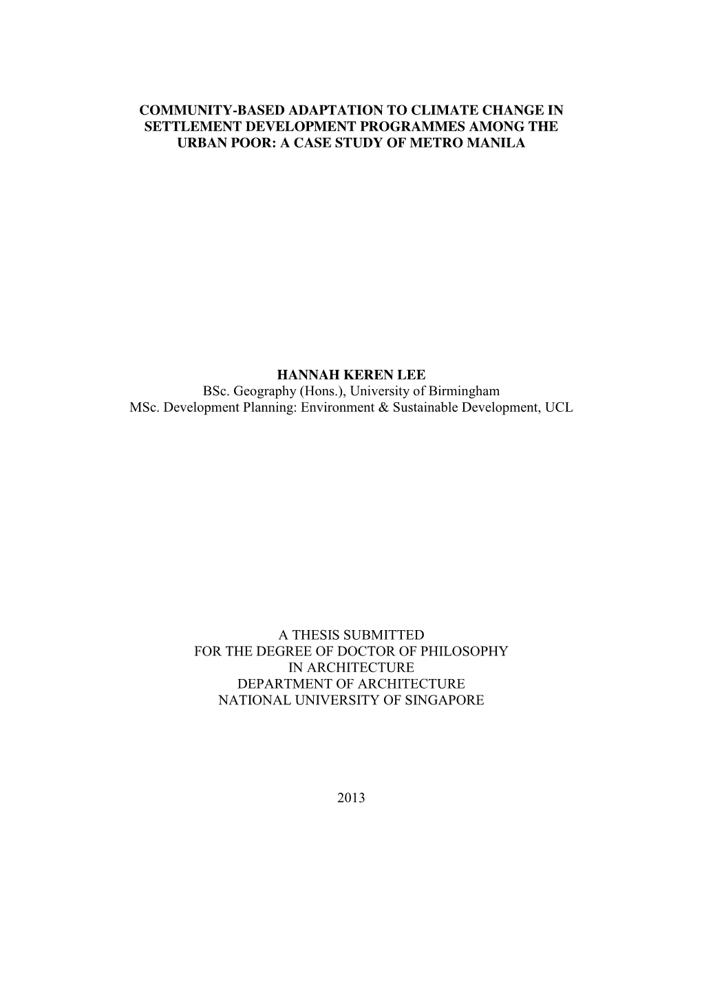 Community-Based Adaptation to Climate Change in Settlement Development Programmes Among the Urban Poor: a Case Study of Metro Manila