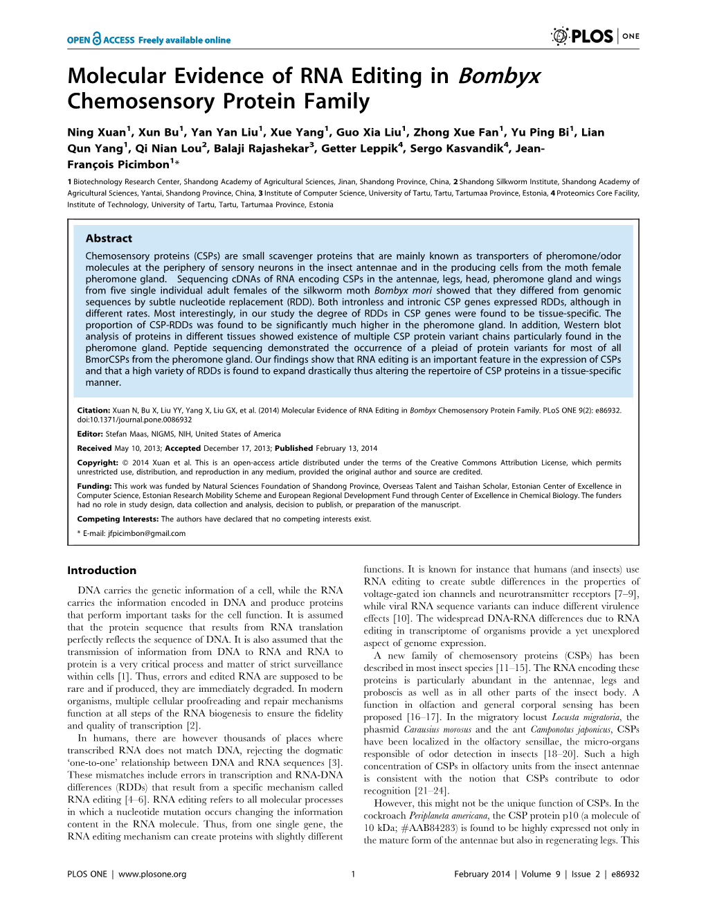 Molecular Evidence of RNA Editing in Bombyx Chemosensory Protein Family