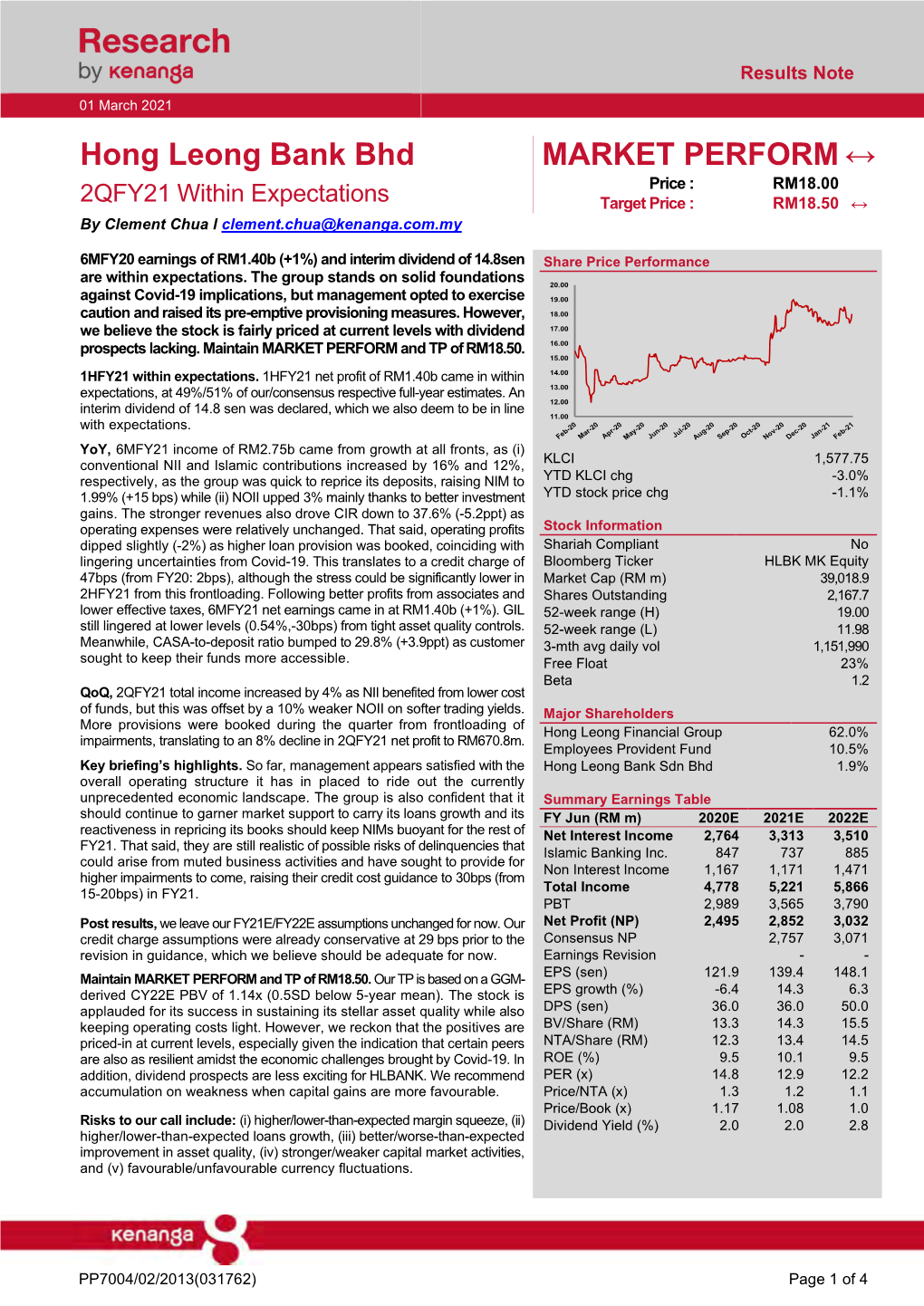 Hong Leong Bank Bhd MARKET PERFORM ↔ Price : RM18.00 2QFY21 Within Expectations Target Price : RM18.50 ↔ by Clement Chua L Clement.Chua@Kenanga.Com.My