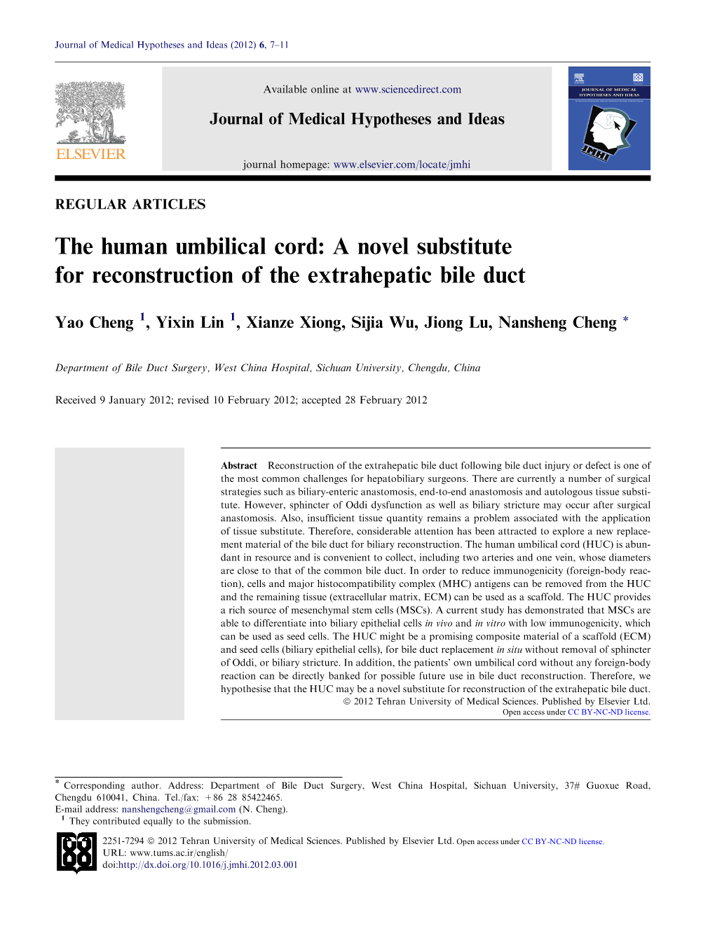 The Human Umbilical Cord: a Novel Substitute for Reconstruction of the Extrahepatic Bile Duct