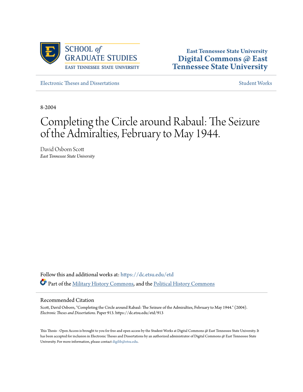 Completing the Circle Around Rabaul: the Seizure of the Admiralties, February to May 1944