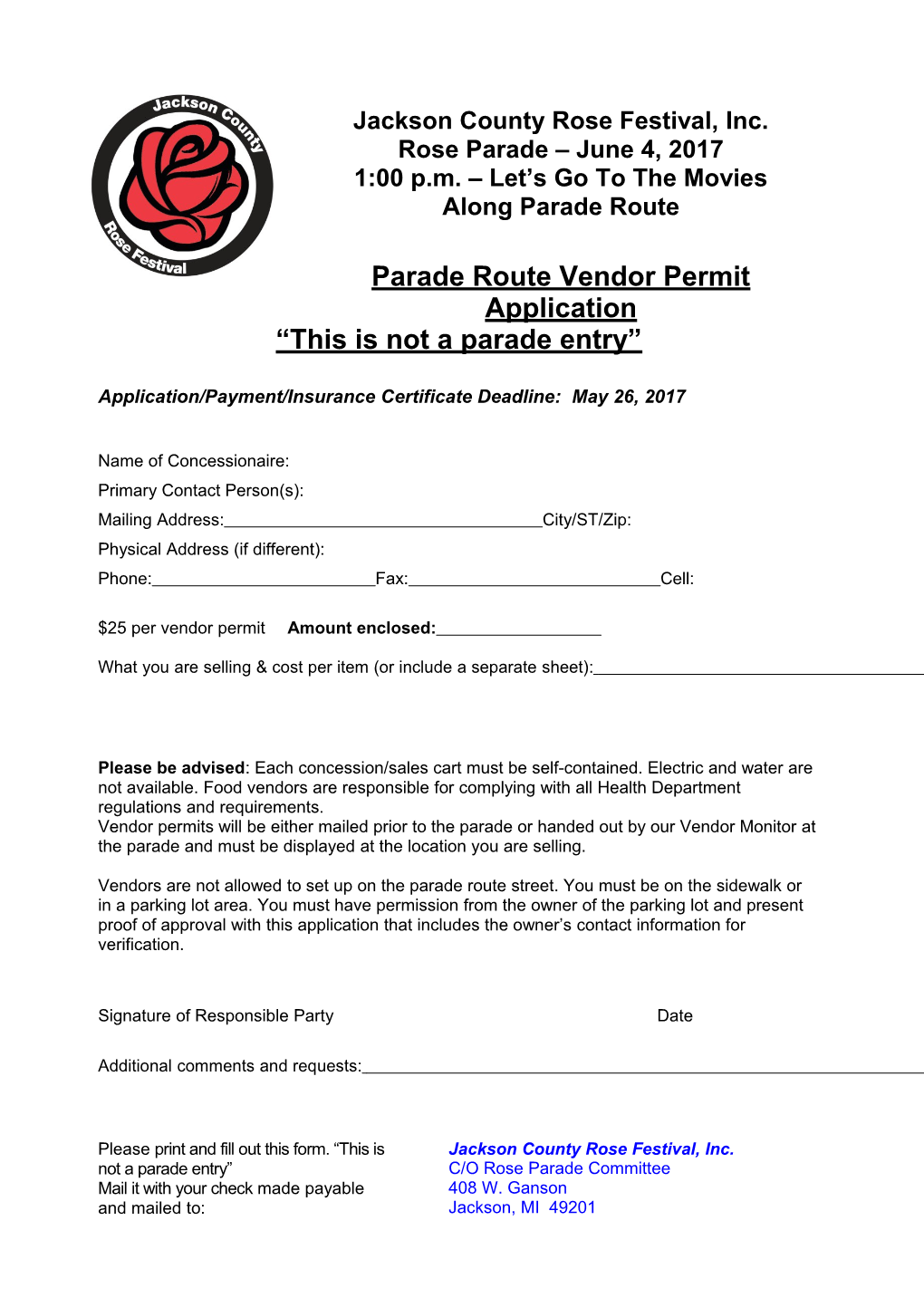 2012 Parade Route Vendor Permit Application