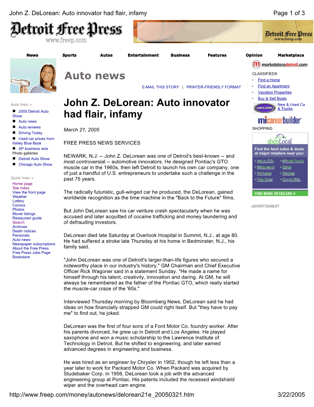 John Z. Delorean: Auto Innovator Had Flair, Infamy Page 1 of 3