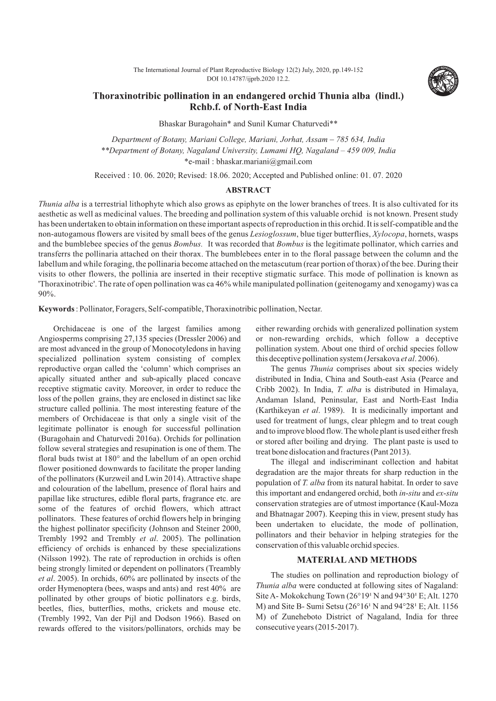 Thoraxinotribic Pollination in an Endangered Orchid Thunia Alba (Lindl.) T Rchb.F