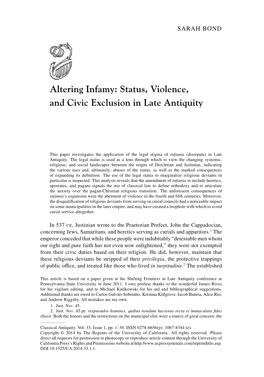 Altering Infamy: Status, Violence, and Civic Exclusion in Late Antiquity