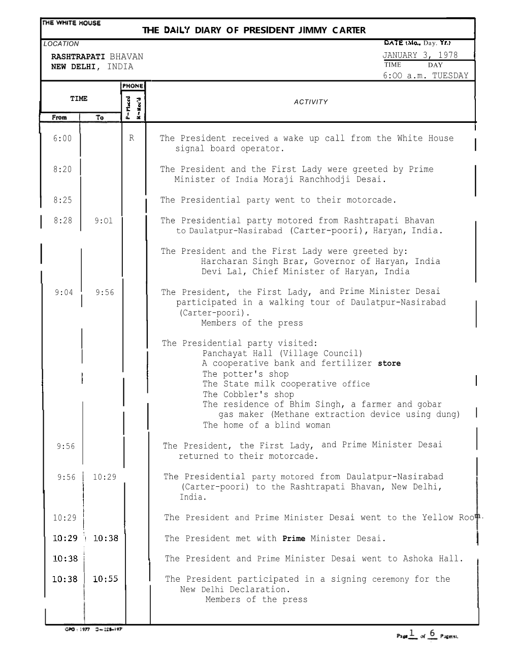 JANUARY 3, 1978 NEW DELHI, INDIA TIME DAY 6:OO A.M