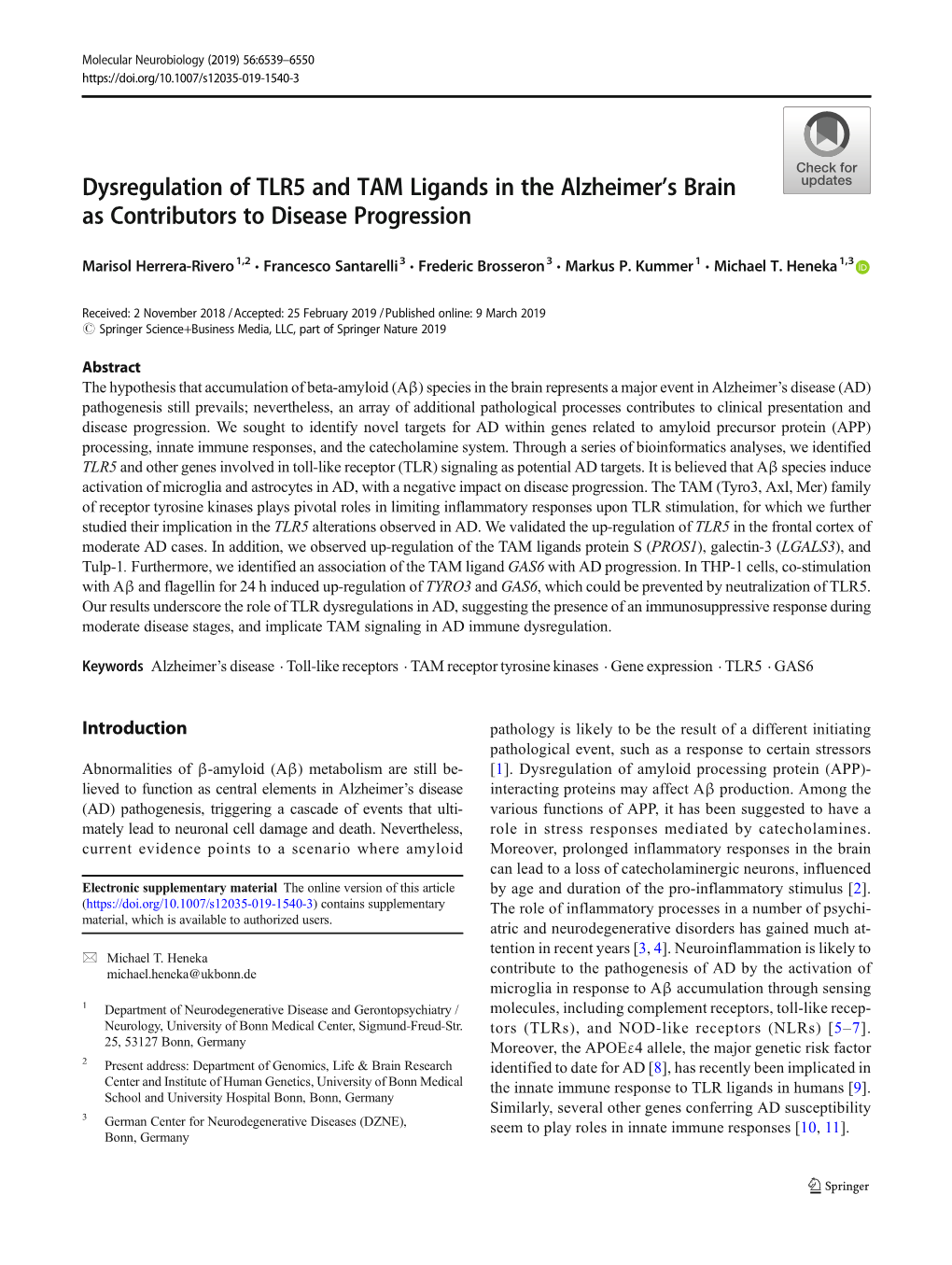 Dysregulation of TLR5 and TAM Ligands in the Alzheimer's Brain As