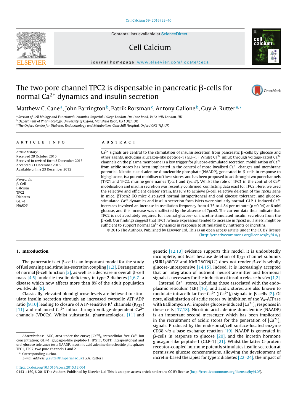 The Two Pore Channel TPC2 Is Dispensable in Pancreatic ␤-Cells For