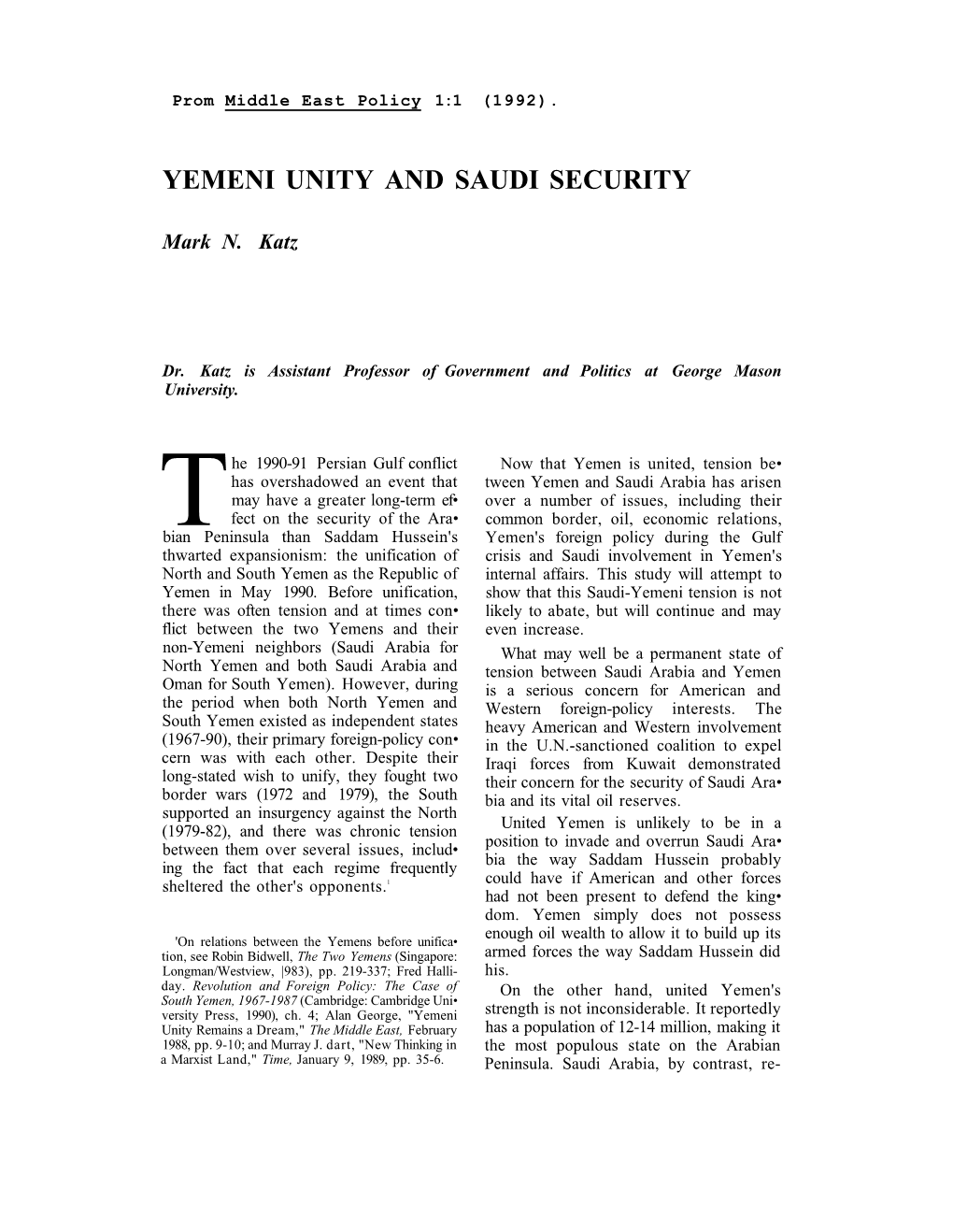 Yemeni Unity and Saudi Security