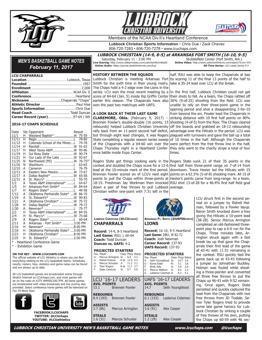MEN's BASKETBALL GAME NOTES February 11, 2017 LCU '16-17