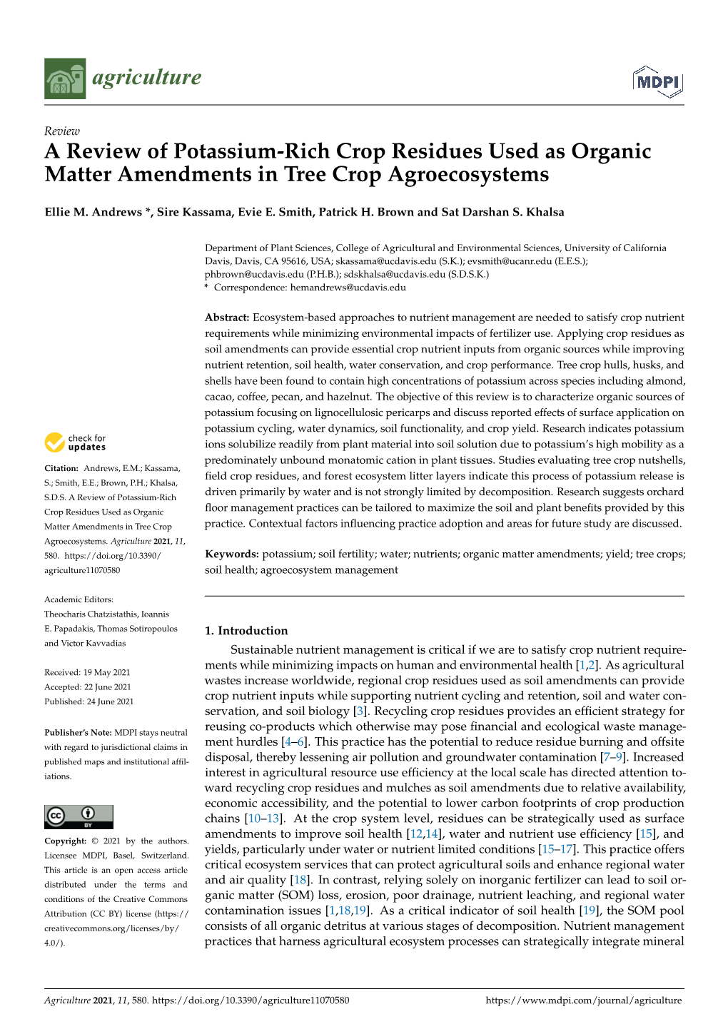 A Review of Potassium-Rich Crop Residues Used As Organic Matter Amendments in Tree Crop Agroecosystems