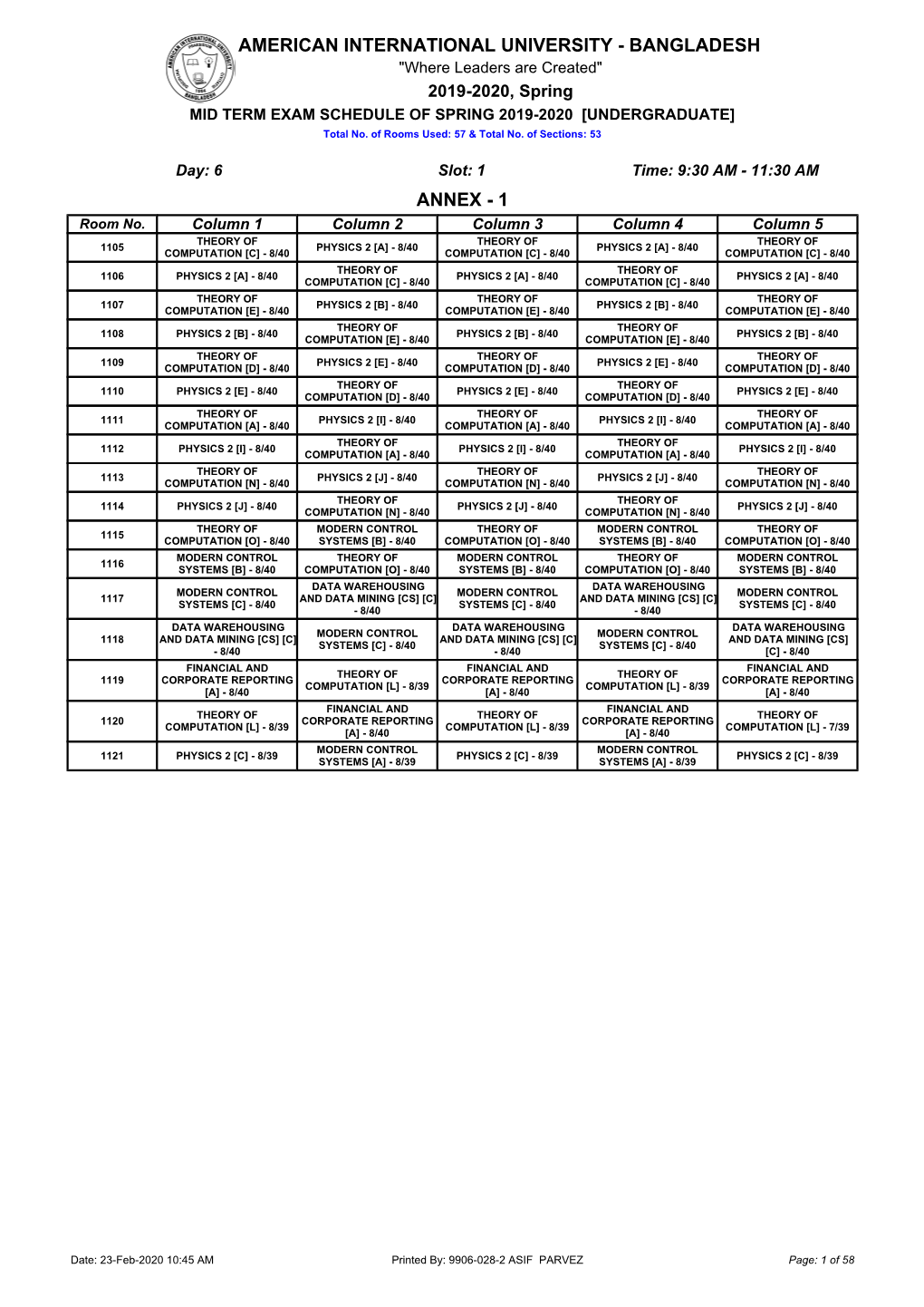 AMERICAN INTERNATIONAL UNIVERSITY - BANGLADESH "Where Leaders Are Created" 2019-2020, Spring MID TERM EXAM SCHEDULE of SPRING 2019-2020 [UNDERGRADUATE] Total No