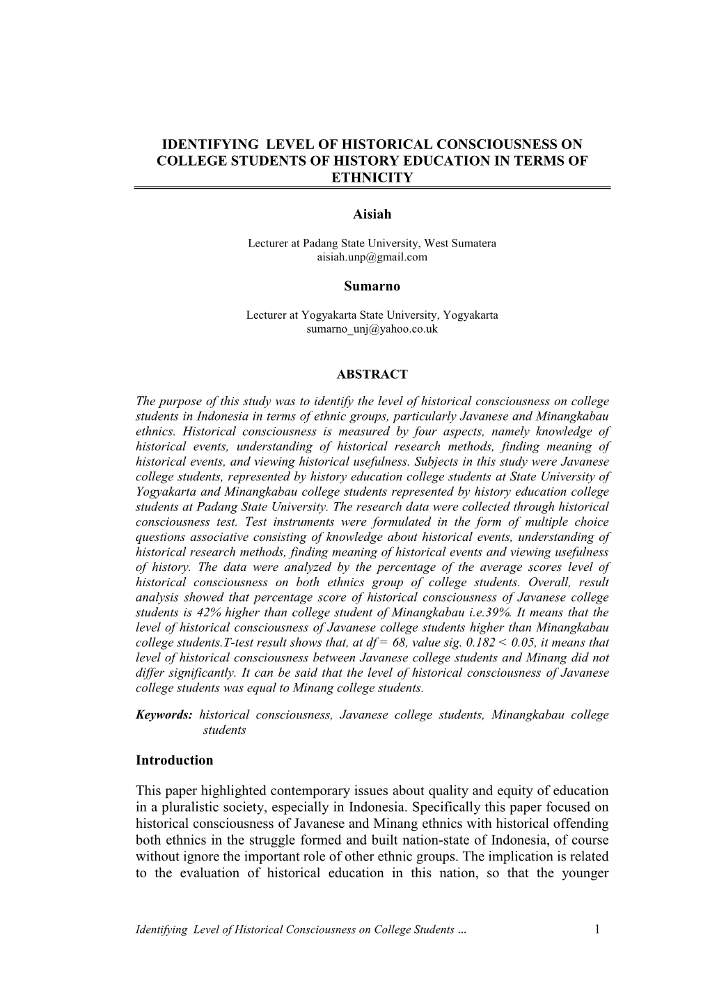 Identifying Level of Historical Consciousness on College Students of History Education in Terms of Ethnicity