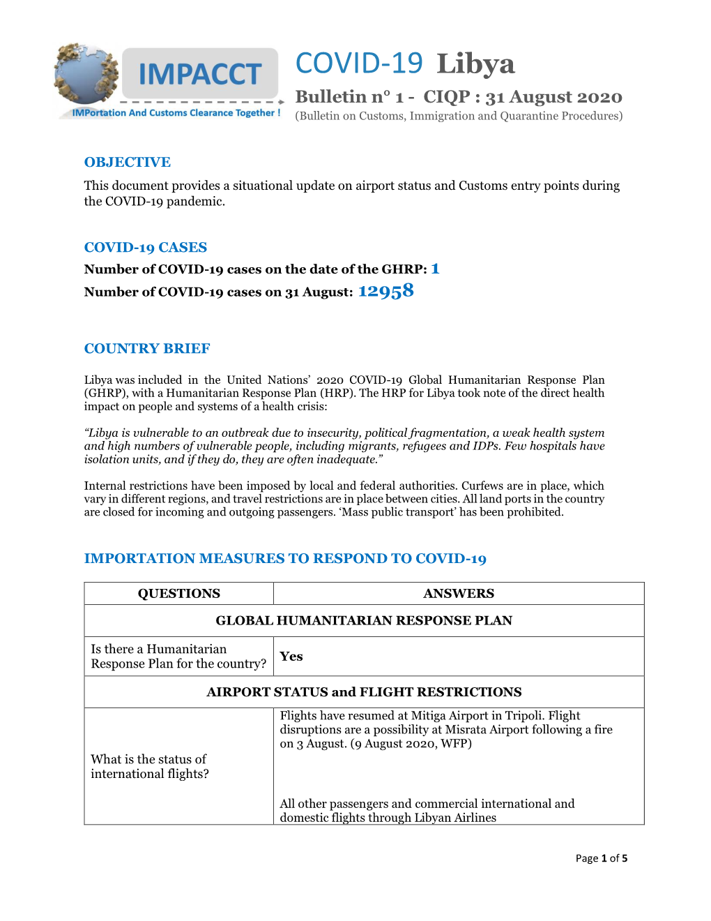 COVID-19 Libya Bulletin N° 1 - CIQP : 31 August 2020 (Bulletin on Customs, Immigration and Quarantine Procedures)