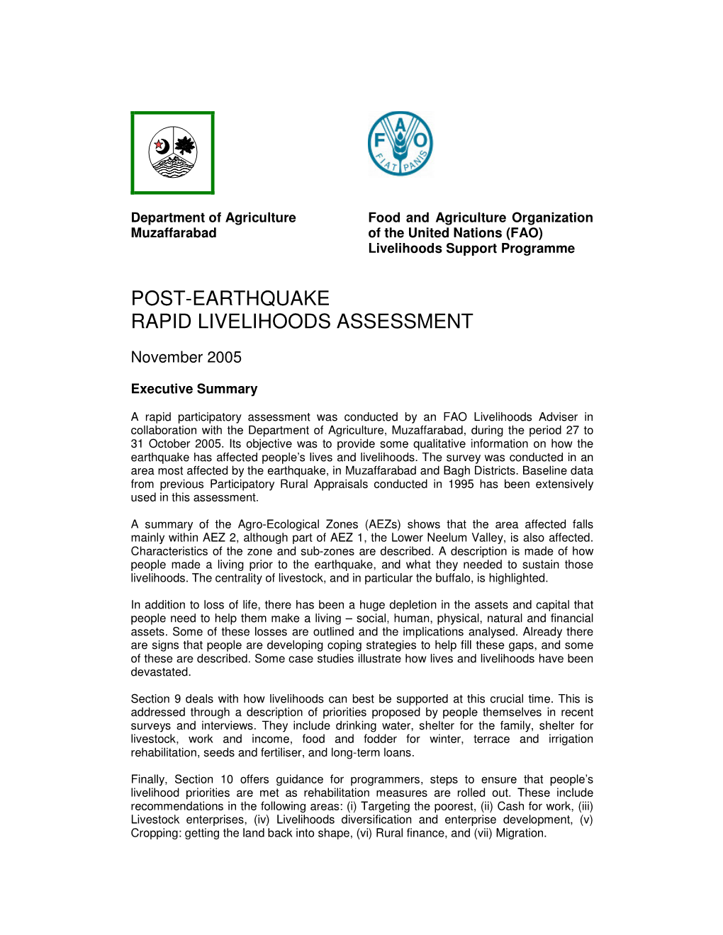 Post-Earthquake Rapid Livelihoods Assessment