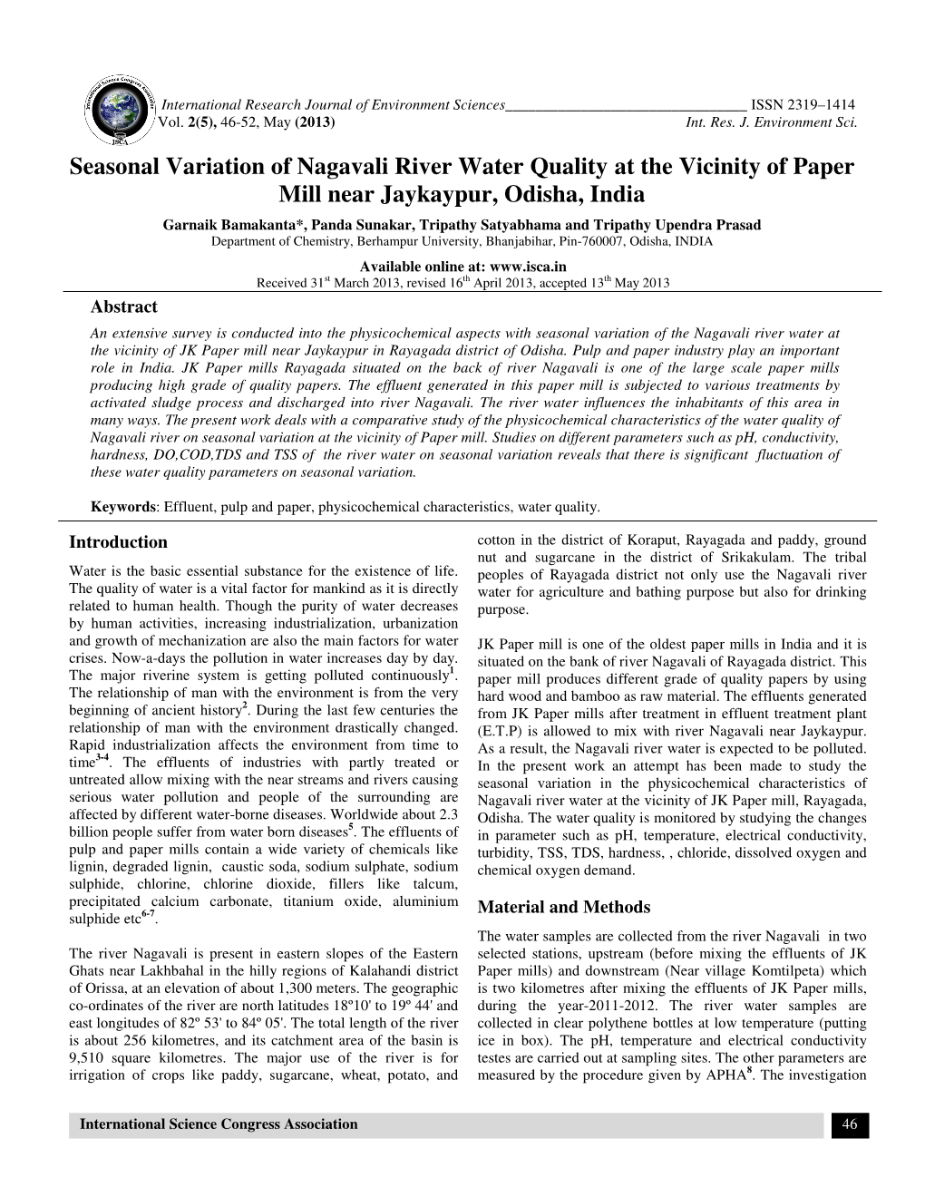 Seasonal Variation of Nagavali River Water Quality at the Vicinity of Paper Mill Near Jaykaypur, Odisha, India