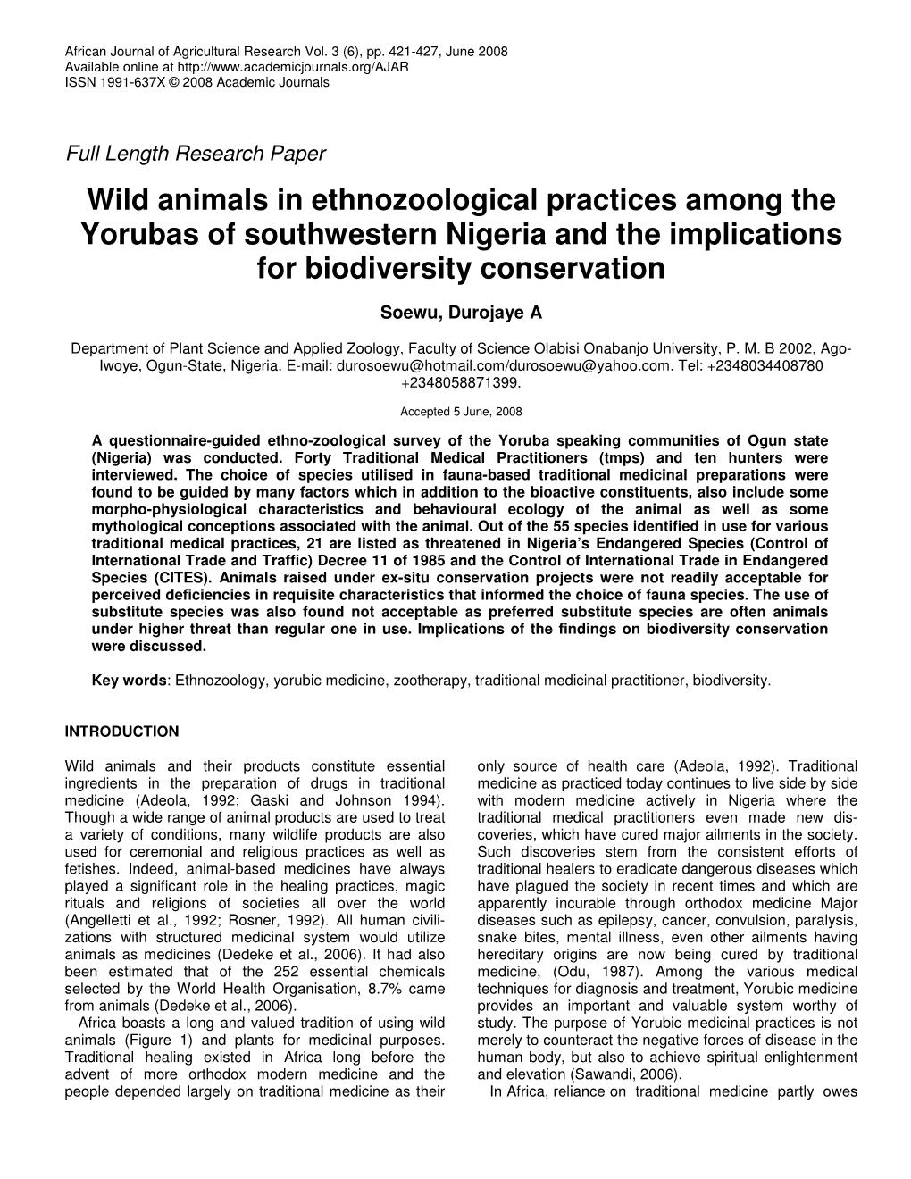 Wild Animals in Ethnozoological Practices Among the Yorubas of Southwestern Nigeria and the Implications for Biodiversity Conservation