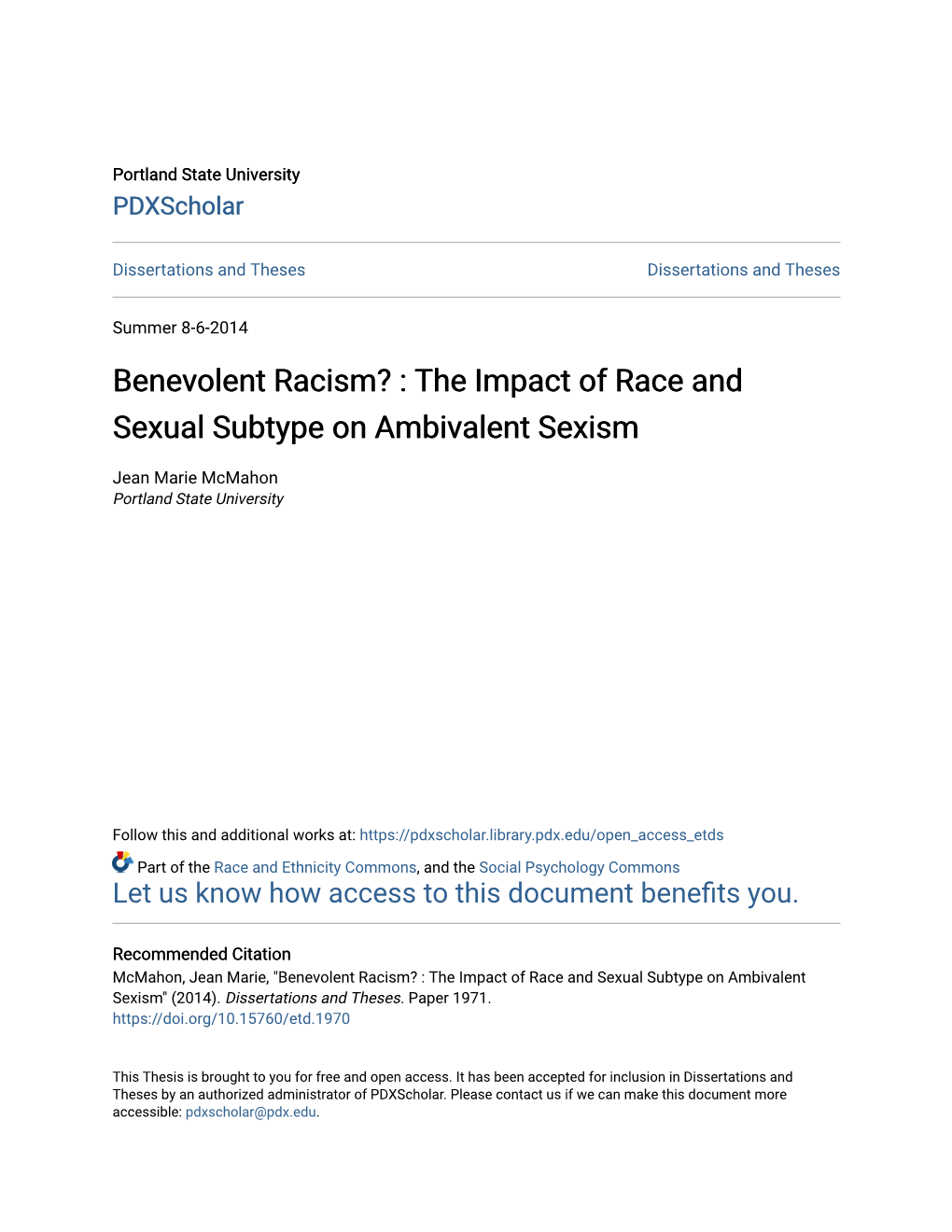 Benevolent Racism? : the Impact of Race and Sexual Subtype on Ambivalent Sexism