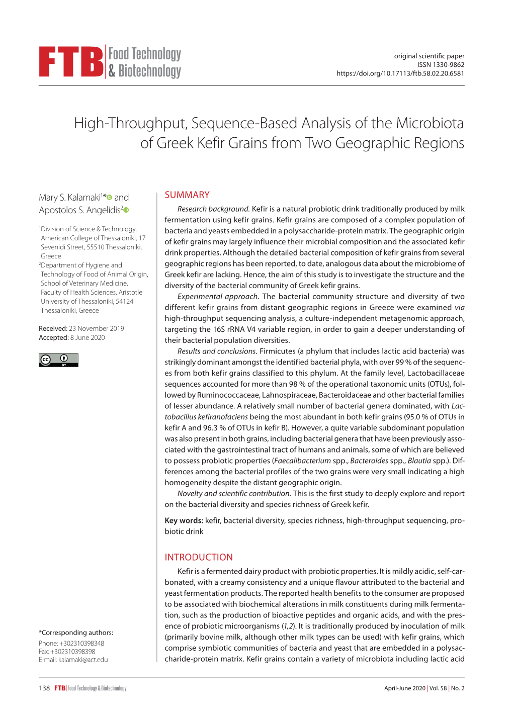 High-Throughput, Sequence-Based Analysis of the Microbiota of Greek Kefir Grains from Two Geographic Regions