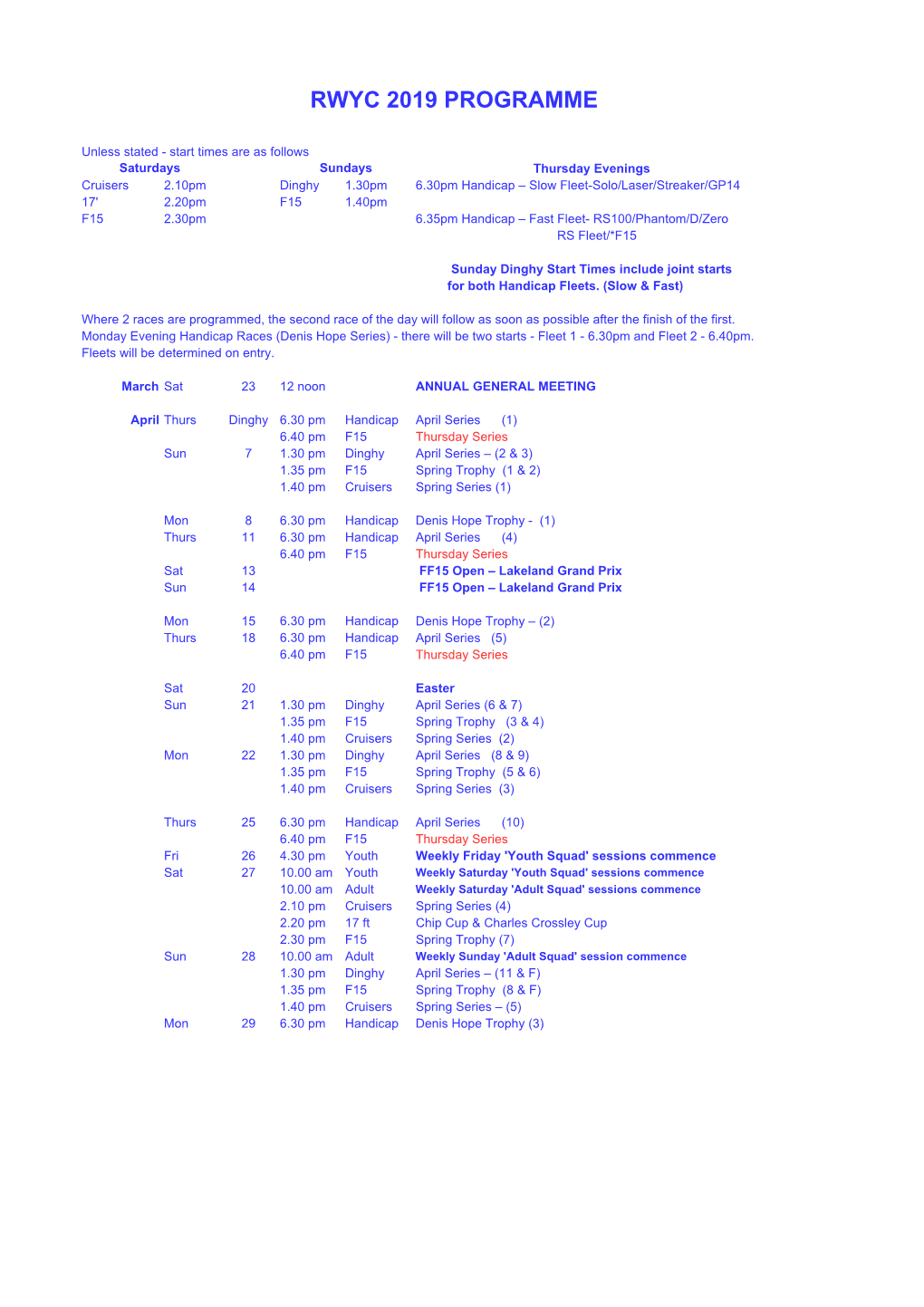 2019 Fixtures