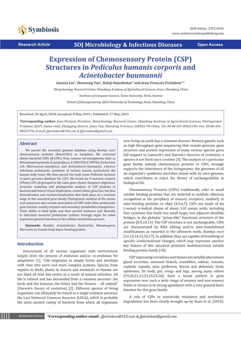Expression of Chemosensory Protein (CSP)Structures in Pediculus Humanis Corporis Andacinetobacter Baumannii