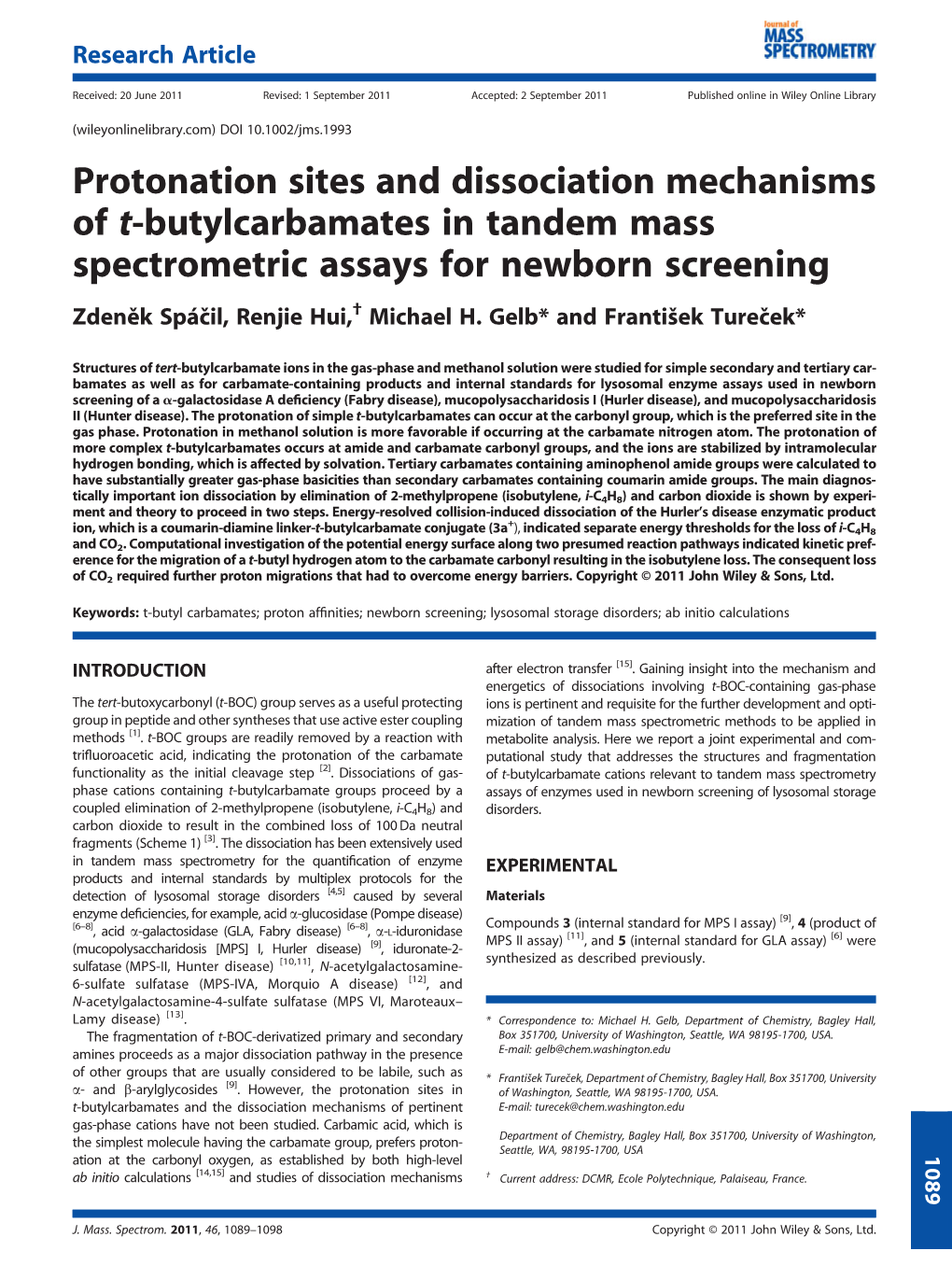 Protonation Sites and Dissociation Mechanisms of Tbutylcarbamates In