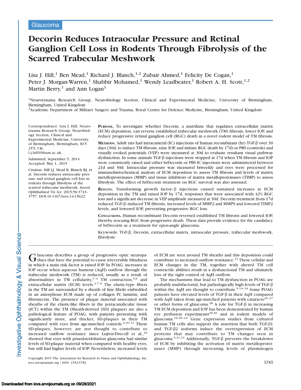 Decorin Reduces Intraocular Pressure and Retinal Ganglion Cell Loss in Rodents Through Fibrolysis of the Scarred Trabecular Meshwork