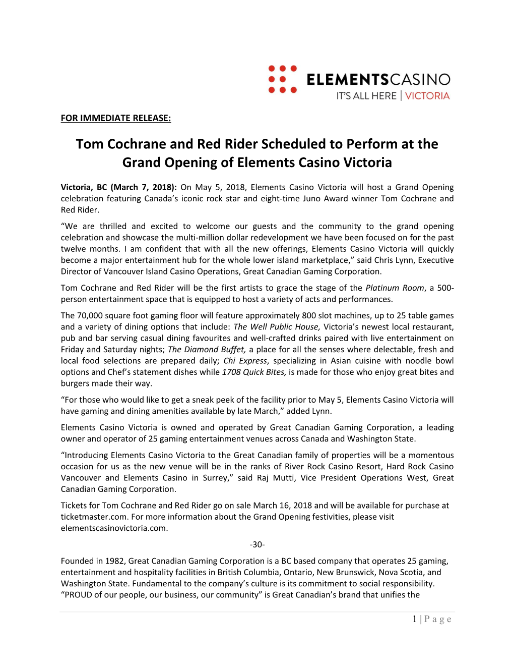Tom Cochrane and Red Rider Scheduled to Perform at the Grand Opening of Elements Casino Victoria