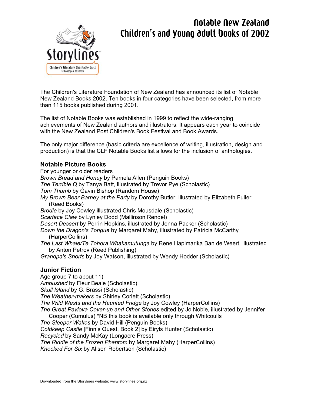 Storylines Notable Books List 2002