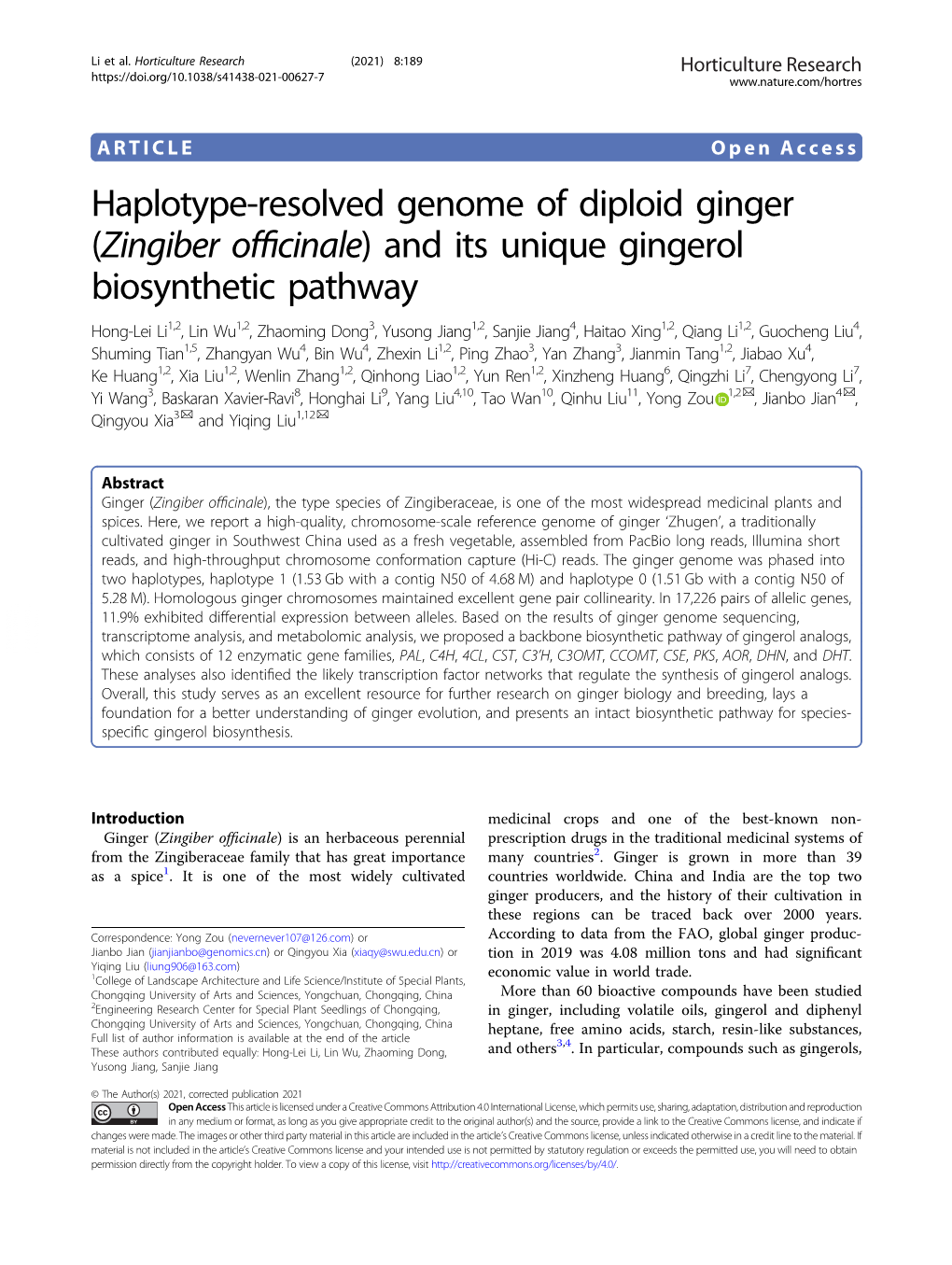 Haplotype-Resolved Genome of Diploid Ginger (Zingiber Officinale)