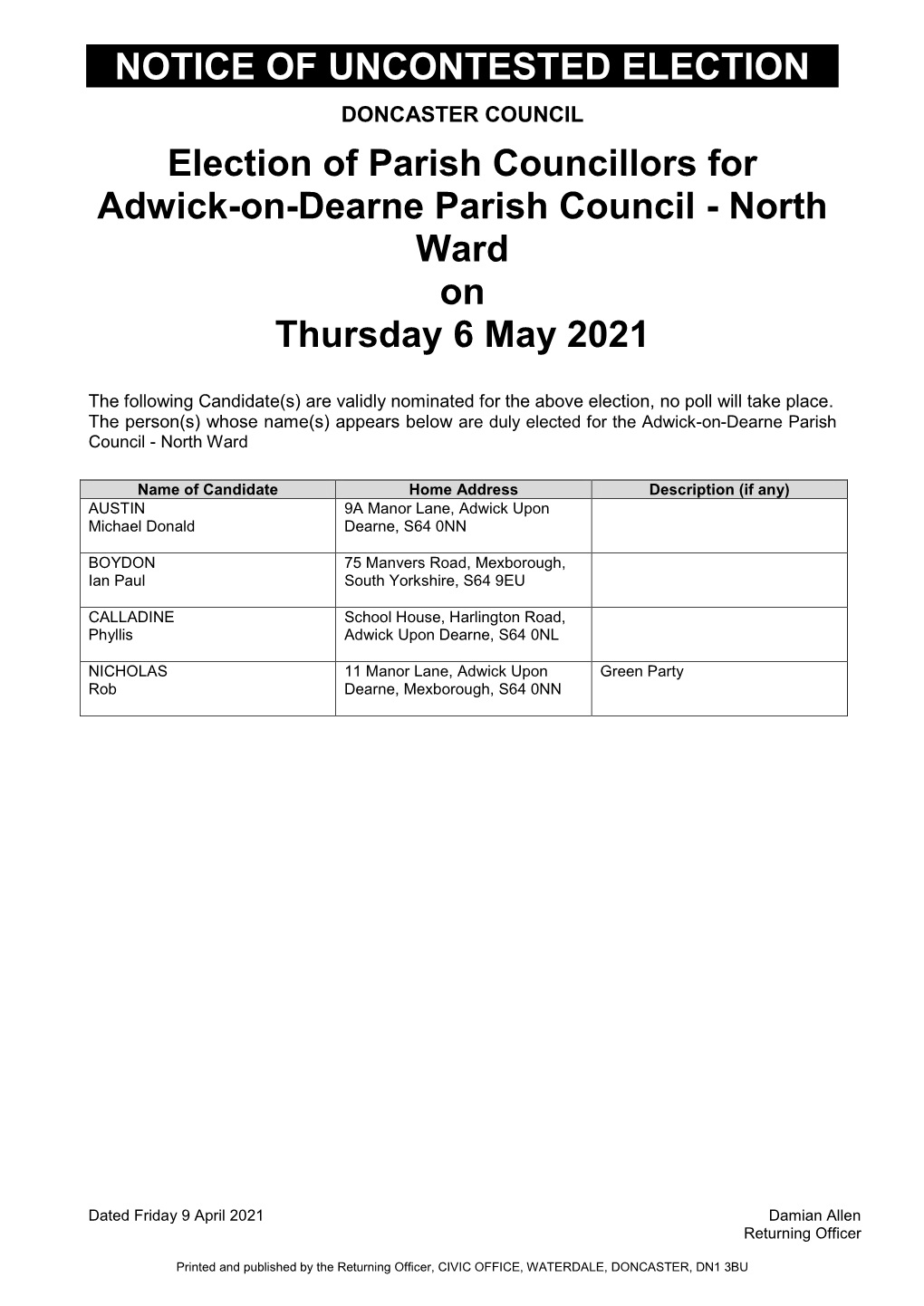 NOTICE of UNCONTESTED ELECTION Election of Parish Councillors for Adwick-On-Dearne Parish Council