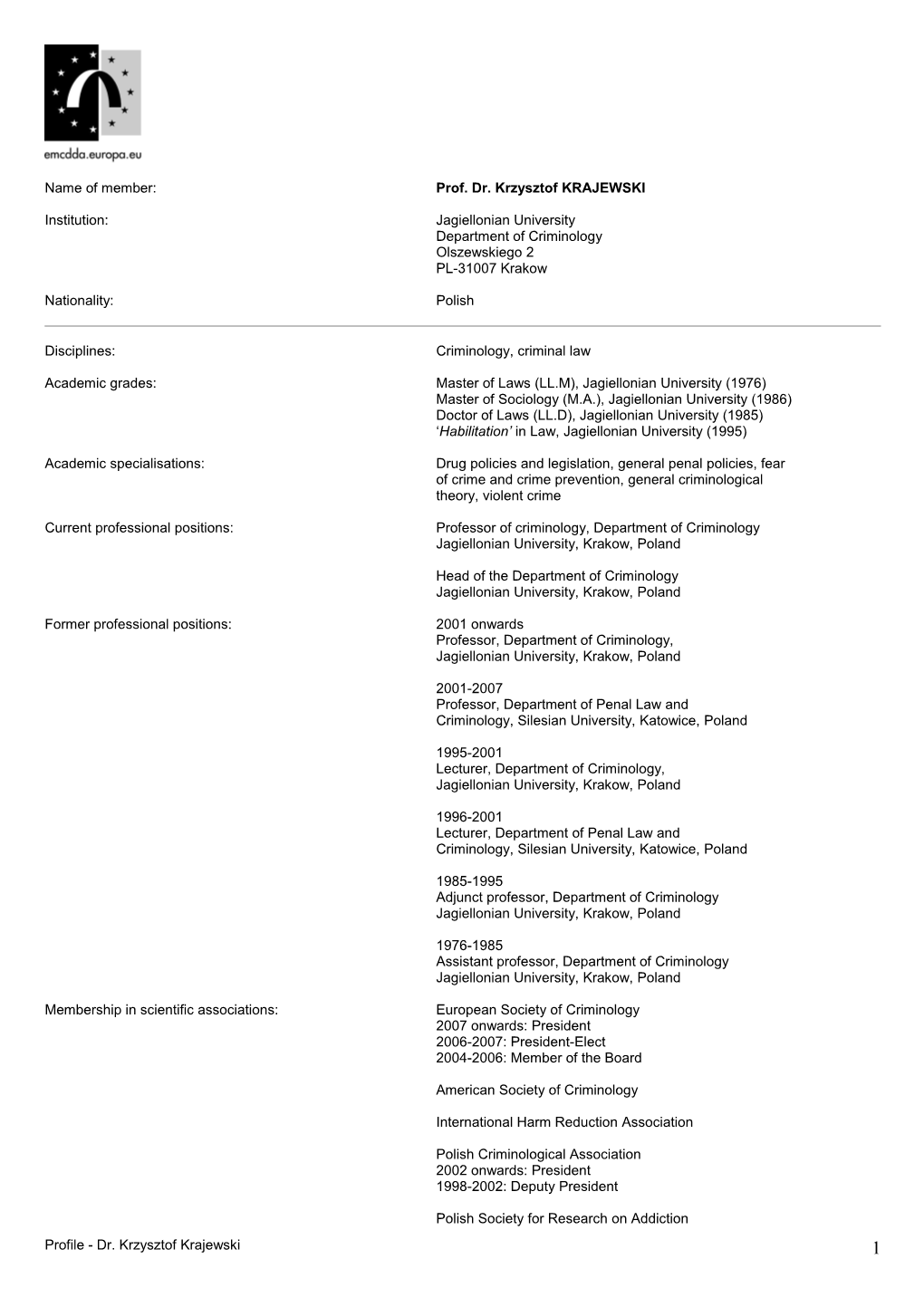 Name of Member: Prof. Dr. Krzysztof KRAJEWSKI