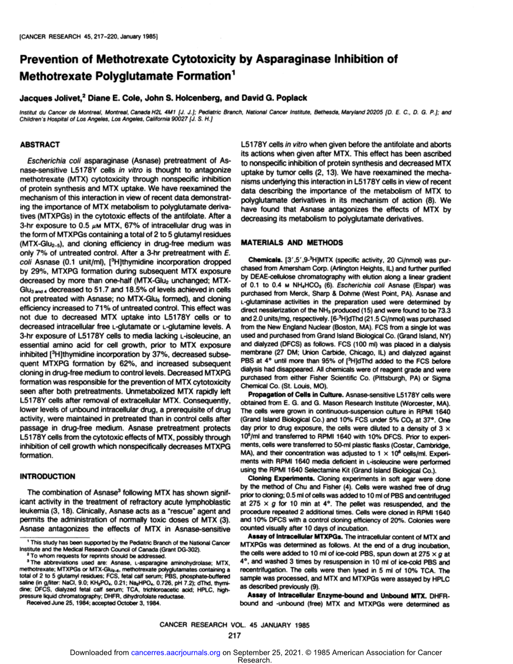 Prevention of Methotrexate Cytotoxicity by Asparaginase Inhibition of Methotrexate Polyglutamate Formation1