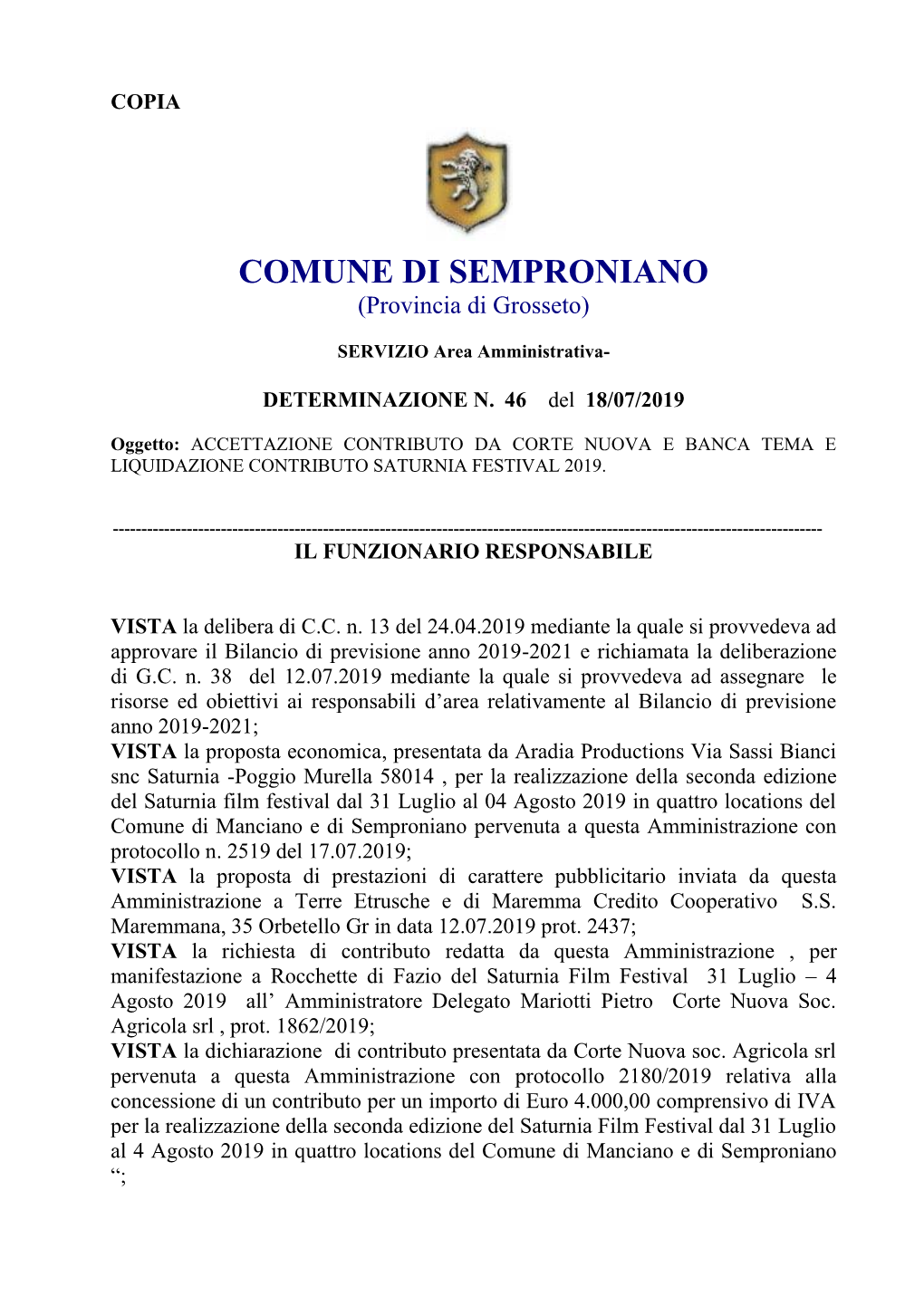 COMUNE DI SEMPRONIANO (Provincia Di Grosseto)