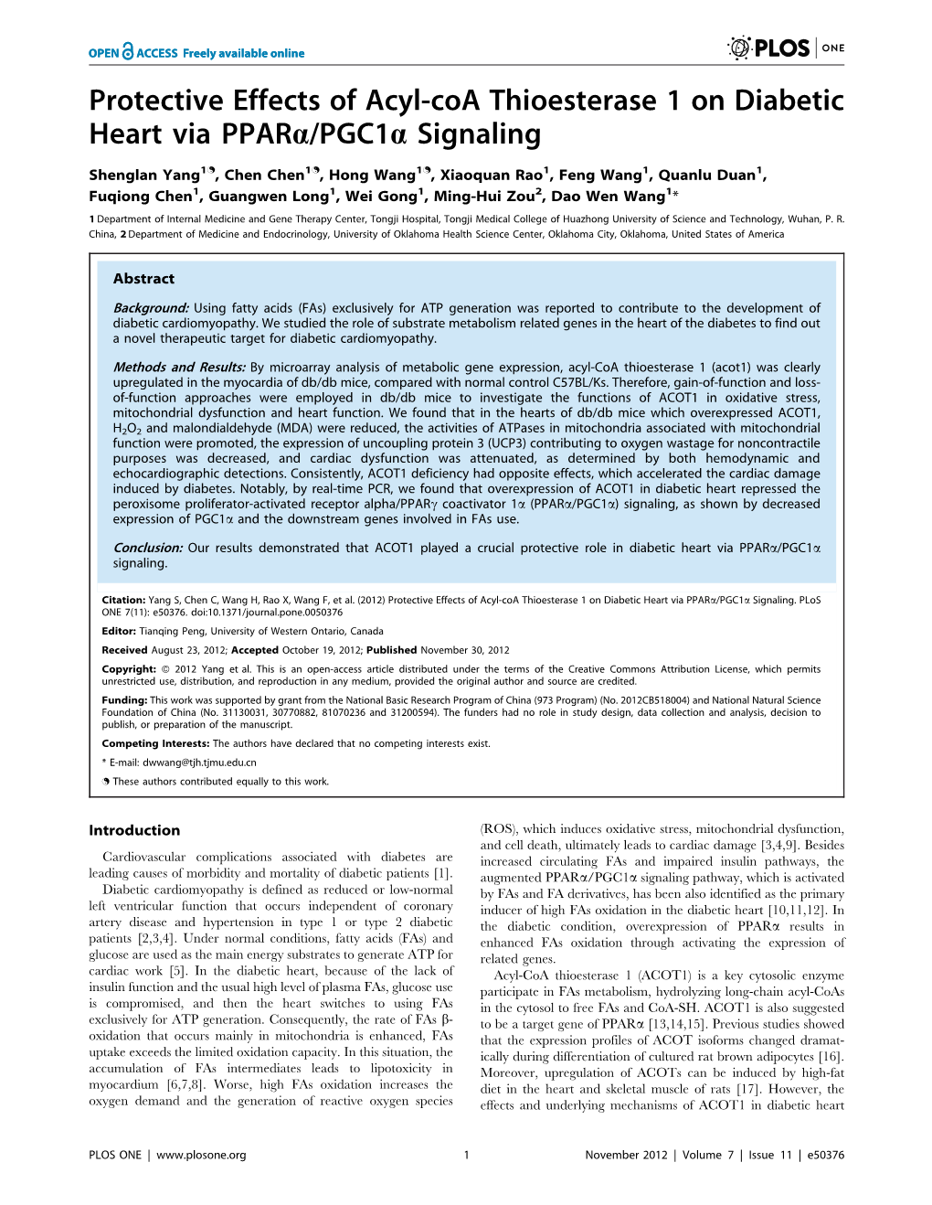 Protective Effects of Acyl-Coa Thioesterase 1 on Diabetic Heart Via Ppara/Pgc1a Signaling