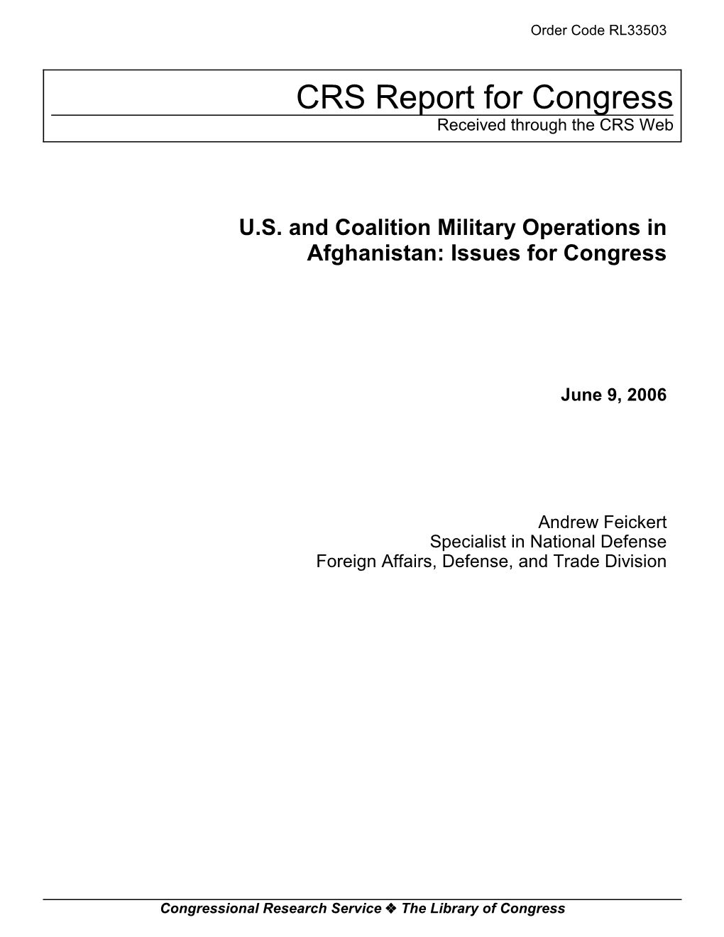 US and Coalition Military Operations in Afghanistan