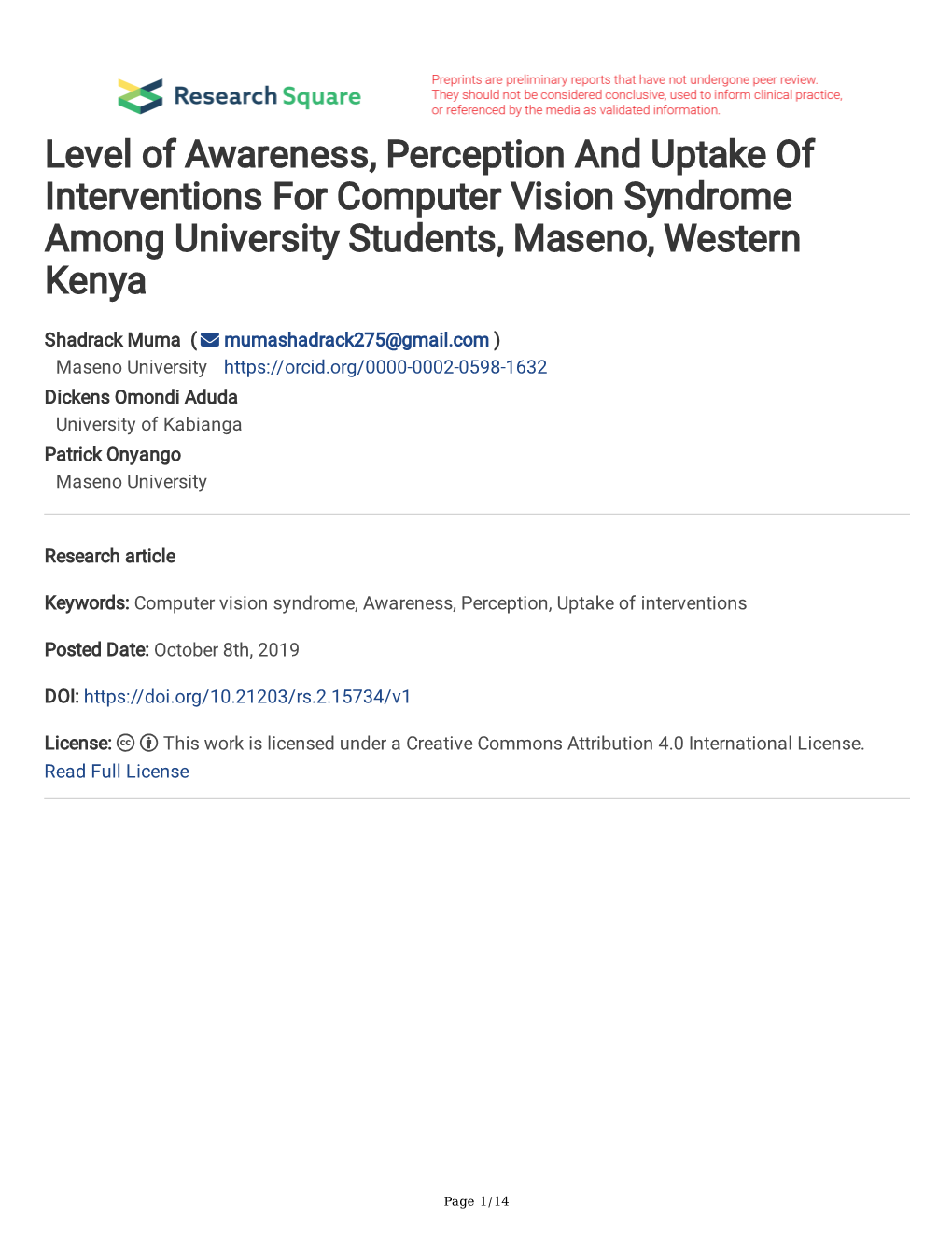 Level of Awareness, Perception and Uptake of Interventions for Computer Vision Syndrome Among University Students, Maseno, Western Kenya