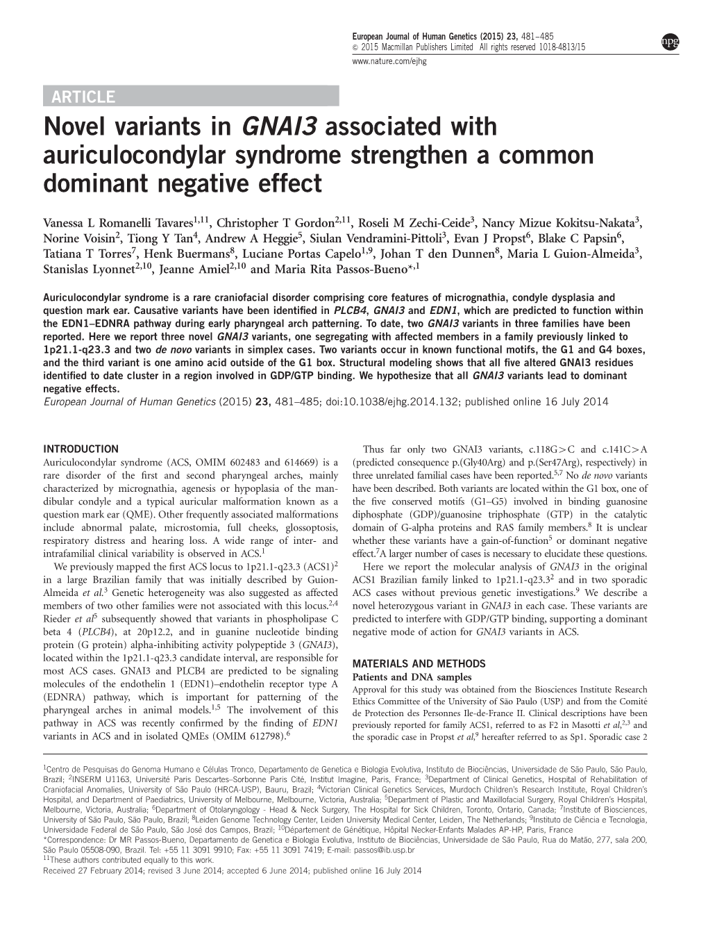 Novel Variants in GNAI3 Associated with Auriculocondylar Syndrome Strengthen a Common Dominant Negative Effect