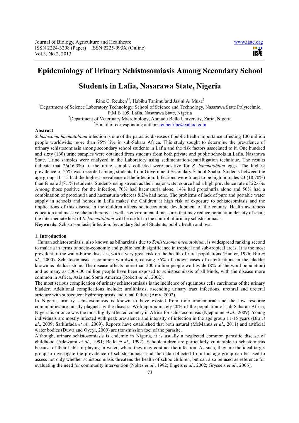 Epidemiology of Urinary Schistosomiasis Among Secondary School Students in Lafia, Nasarawa State, Nigeria