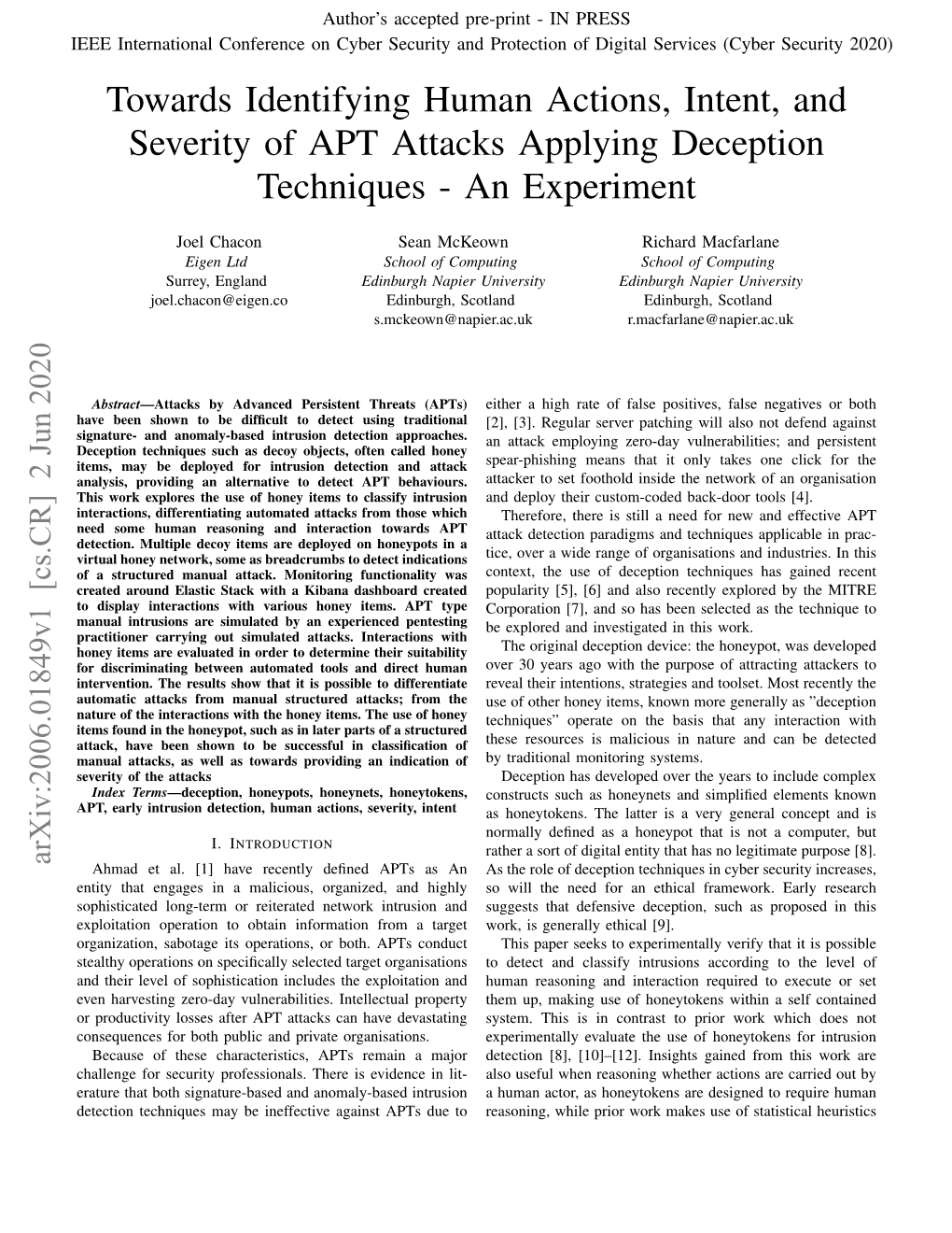 Towards Identifying Human Actions, Intent, and Severity of APT Attacks Applying Deception Techniques - an Experiment