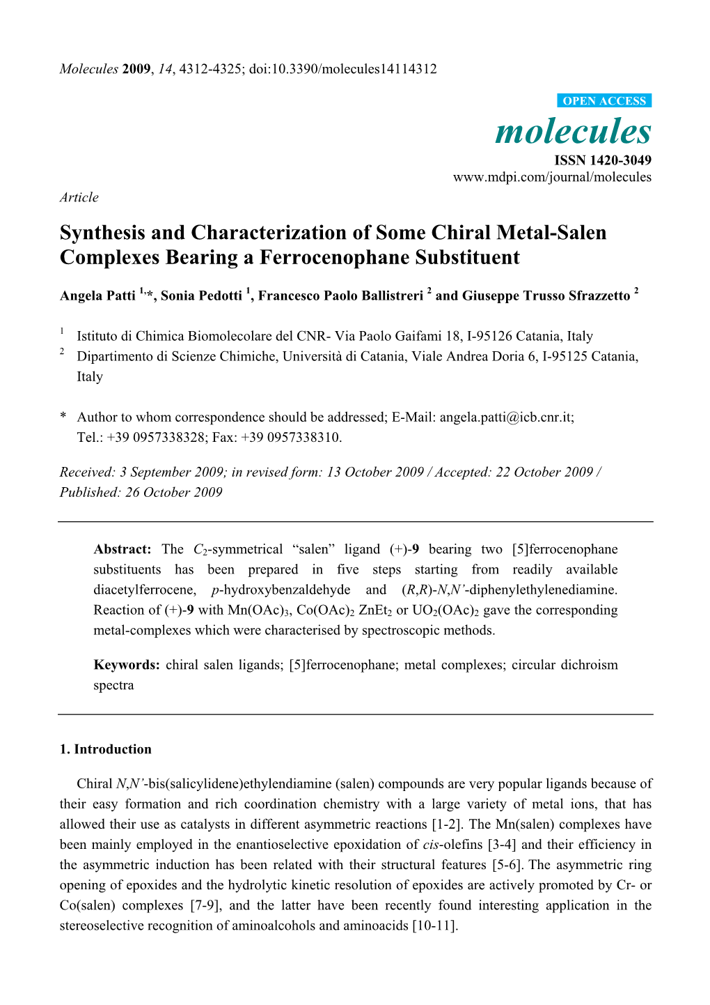 Synthesis and Characterization of Some Chiral Metal-Salen Complexes Bearing a Ferrocenophane Substituent