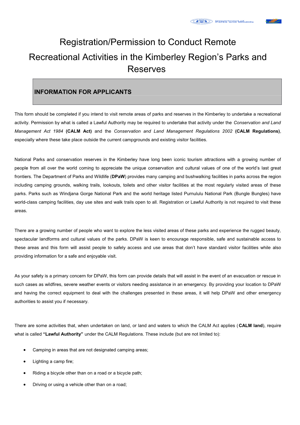 Application to Conduct Remote Recreational Activities in Kimberley Region Parks and Reserves