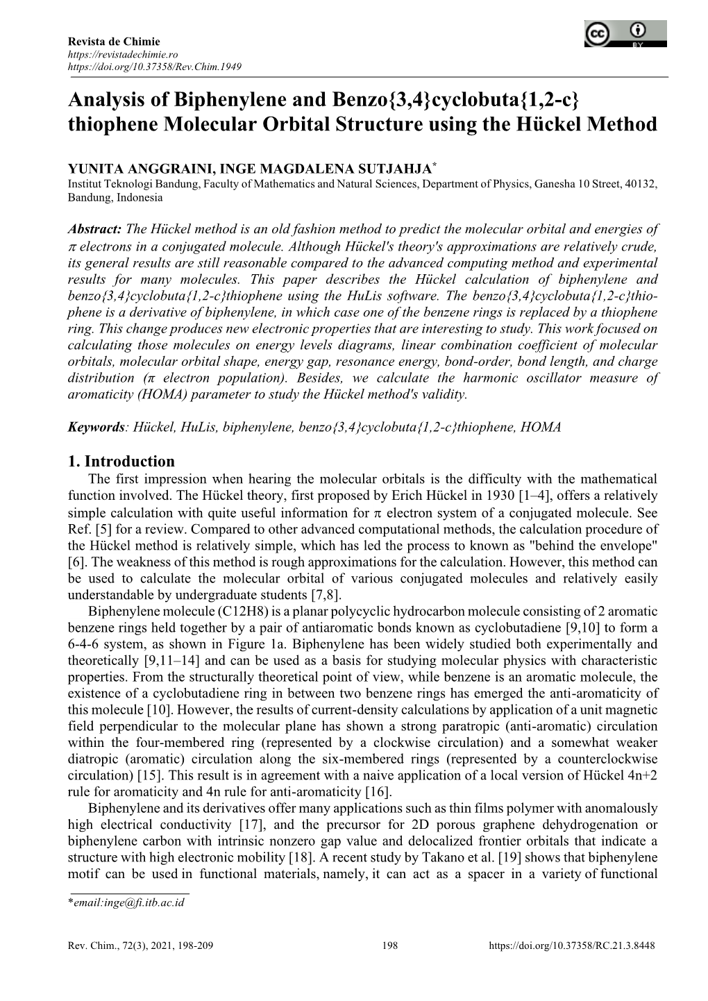 Analysis of Biphenylene and Benzo{3,4}Cyclobuta{1,2-C} Thiophene Molecular Orbital Structure Using the Hückel Method