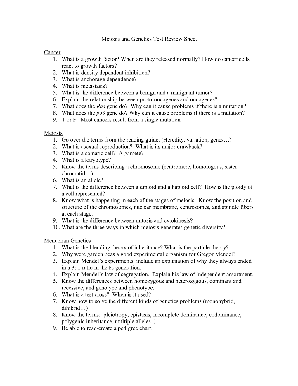 Meiosis and Genetics Test Review Sheet