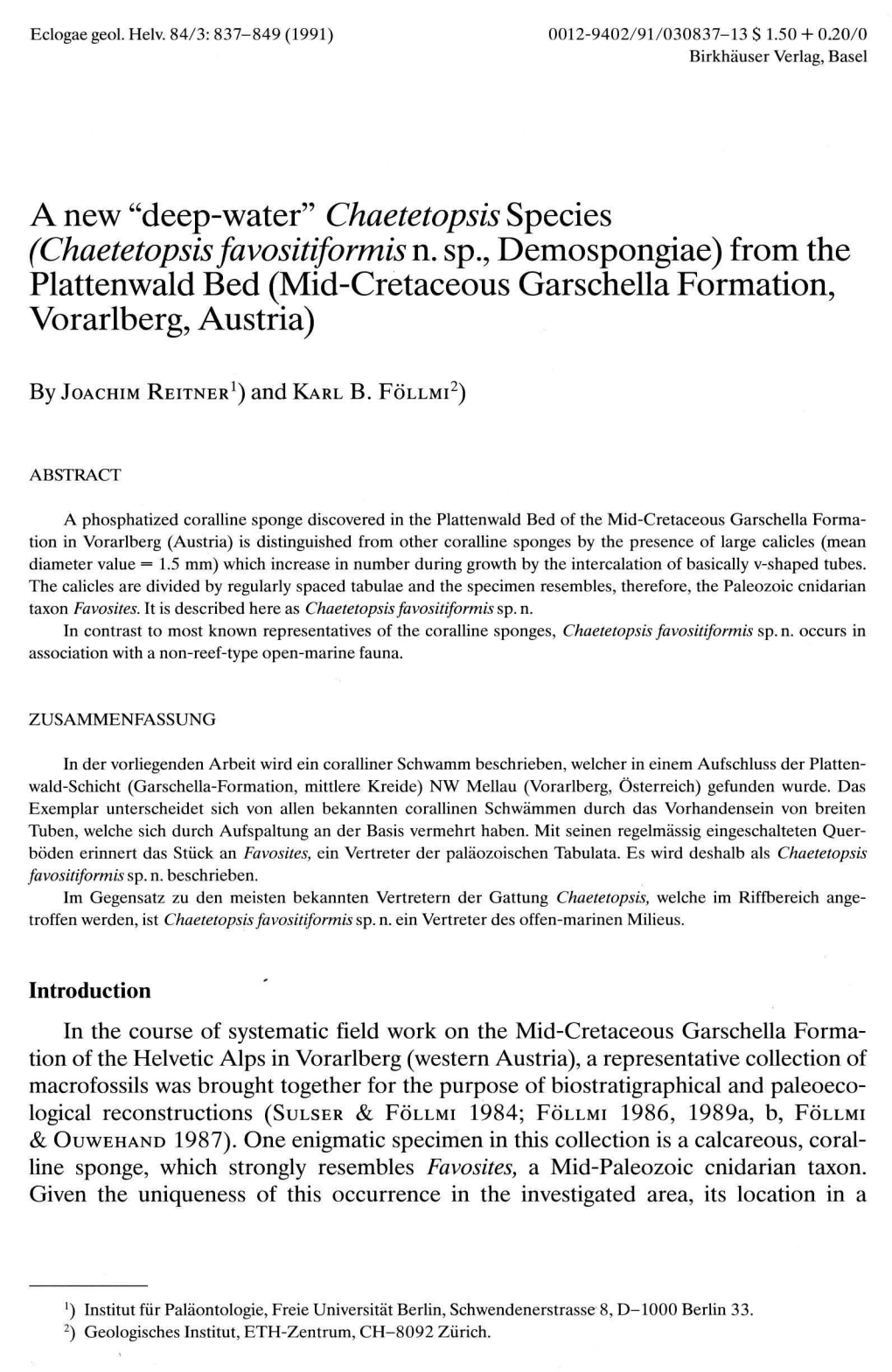 A New "Deep-Water" Chaetetopsis Species (Chaetetopsis Favositiformis N. Sp., Demospongiae) from the Plattenwald Bed (M