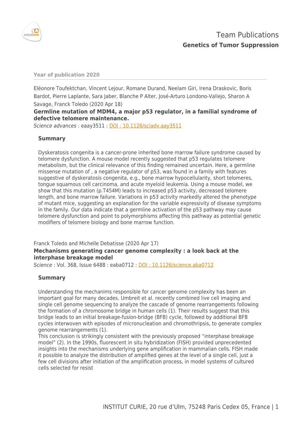 Team Publications Genetics of Tumor Suppression