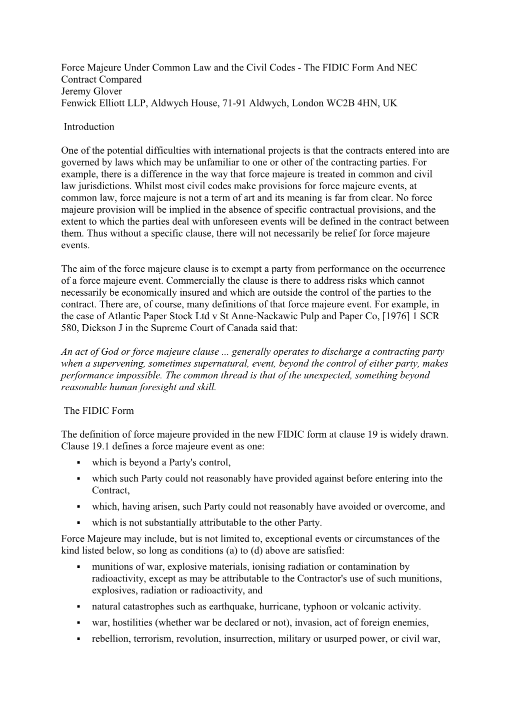 Force Majeure Under Common Law and the Civil Codes - the FIDIC Form and NEC Contract Compared